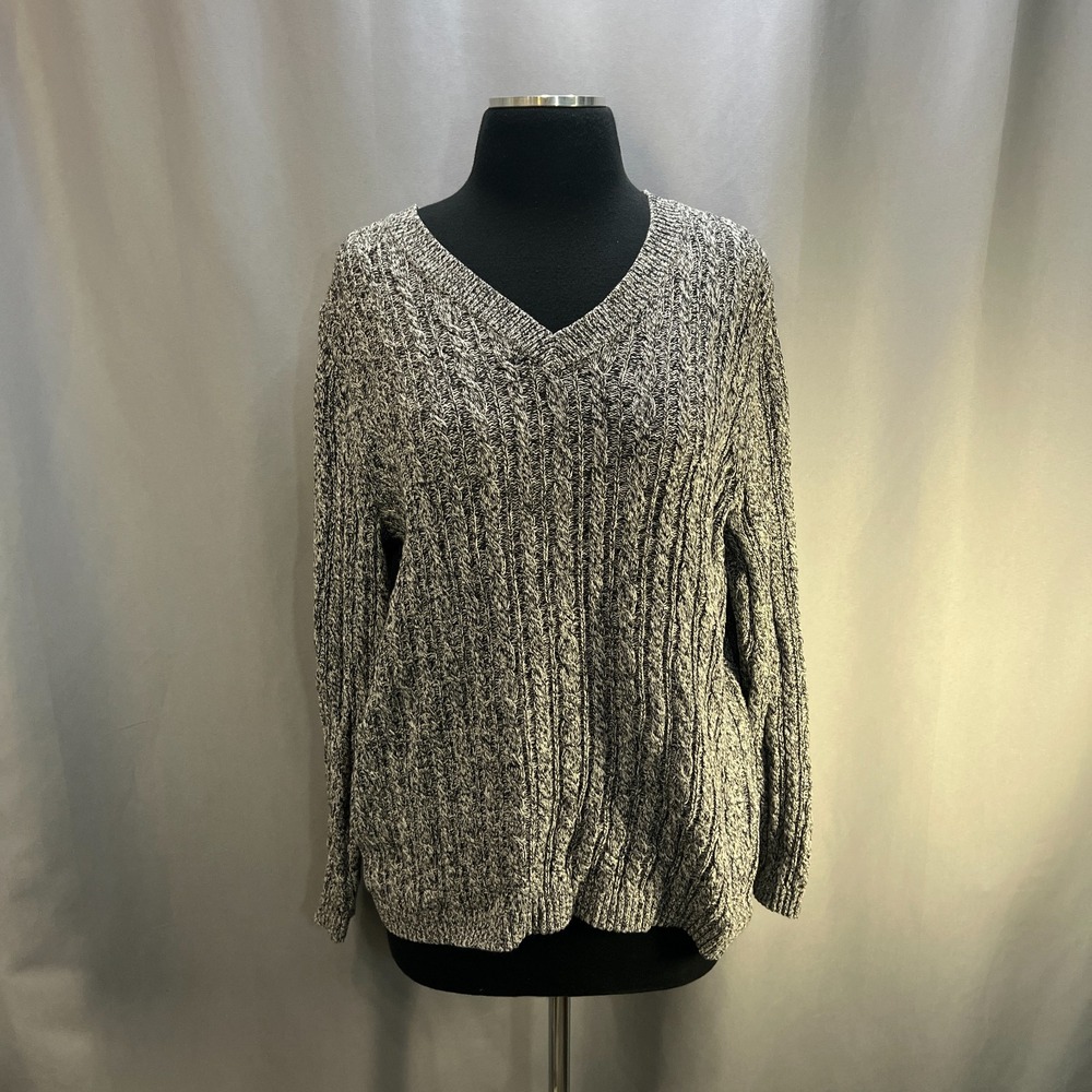 Croft & Barrow Pullover Sweater Womens 1X Gray Cable Knit Cotton Rib Trim V Neck